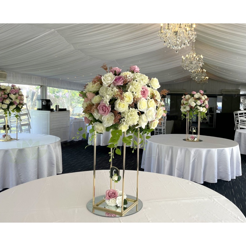 For Hire – Grand Floral Centrepiece on Gold Stand 60cm Pink & White (Code: HI0056) Gloria