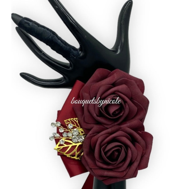 Burgundy ~ Customized Wrist Corsage l Real Touch Roses l Prom l Formal l Mothers l Grandmothers COR-007
