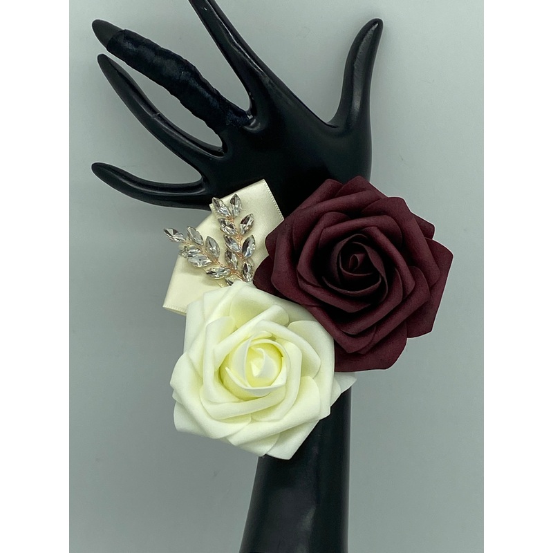 Burgundy Ivory ~ Customized Wrist Corsage l Real Touch Roses l Prom l Formal l Mothers l Grandmothers COR-013