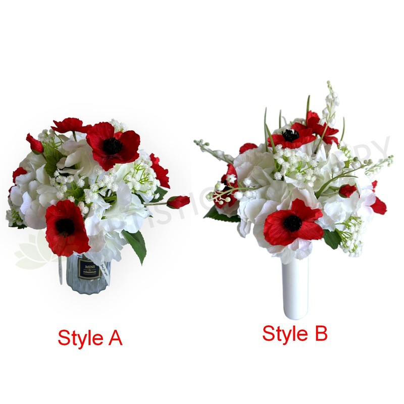 Cemetery Flowers (Red Poppies & White) Mausoleum Flowers 27 x 40 cm – SYM0056