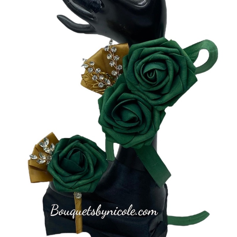 Dark Green Gold ~ Customized Wrist Corsage l Real Touch Roses l Prom l Formal l Mothers l Grandmothers COR-006
