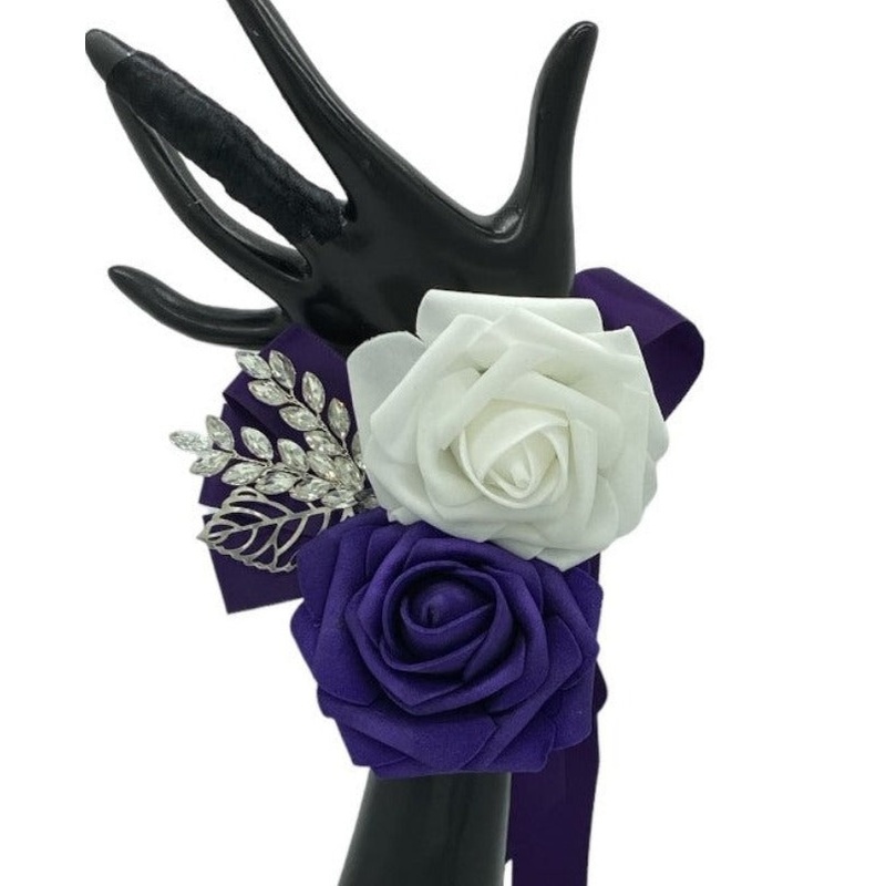 Dark Purple White ~ Customized Wrist Corsage l Real Touch Roses l Prom l Formal l Mothers l Grandmothers COR-005