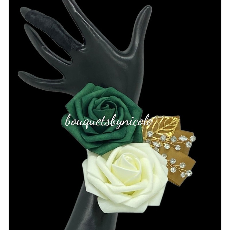 Emerald Green Ivory ~ Customized Wrist Corsage l Real Touch Roses l Prom l Formal l Mothers l Grandmothers COR-009