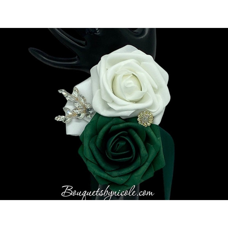 Emerald Green White ~ Customized Wrist Corsage l Real Touch Roses l Prom l Formal l Mothers l Grandmothers COR-012