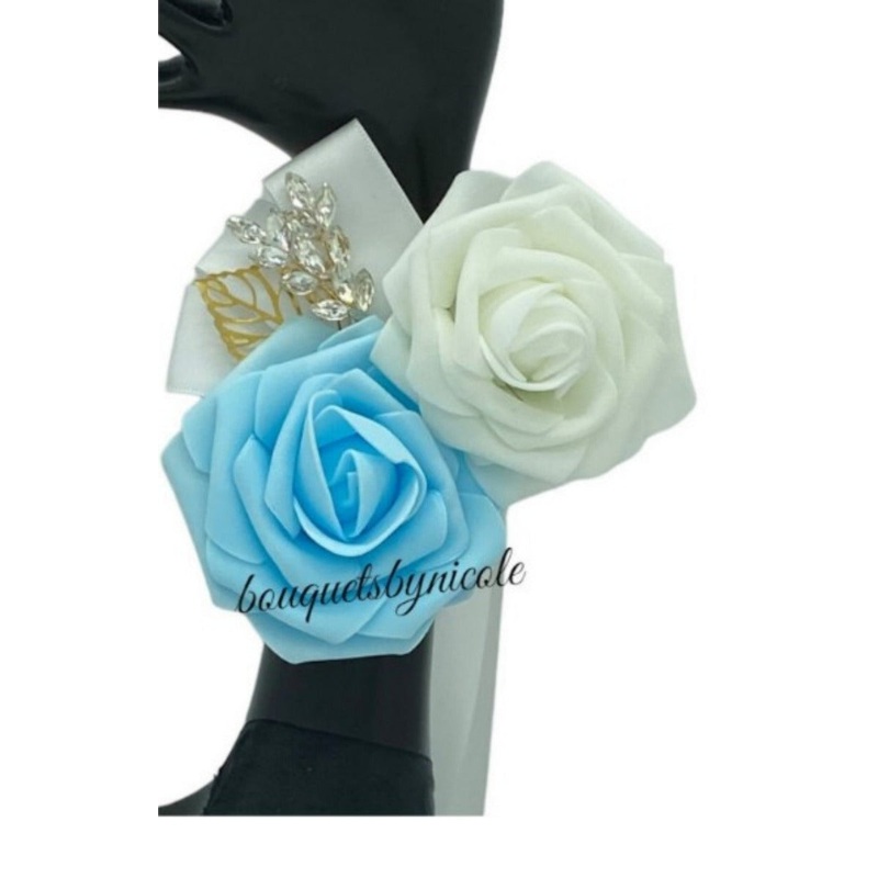 Light Blue White ~ Customized Wrist Corsage l Real Touch Roses l Prom l Formal l Mothers l Grandmothers COR-003