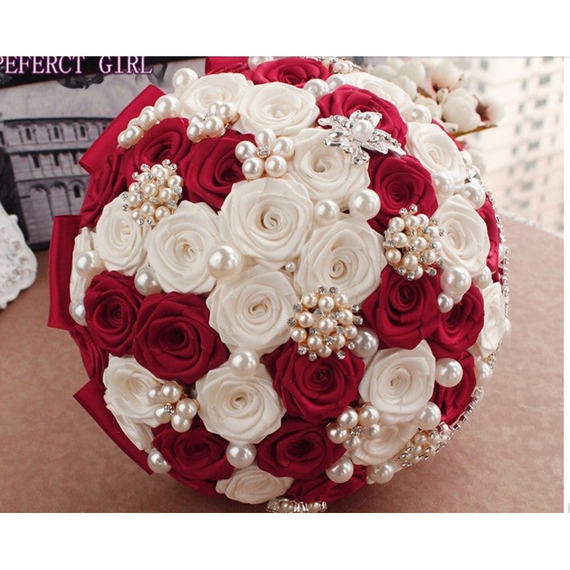 TRUDY~EMR Red and White Satin Rose Brooch Bouquet or DIY KIT