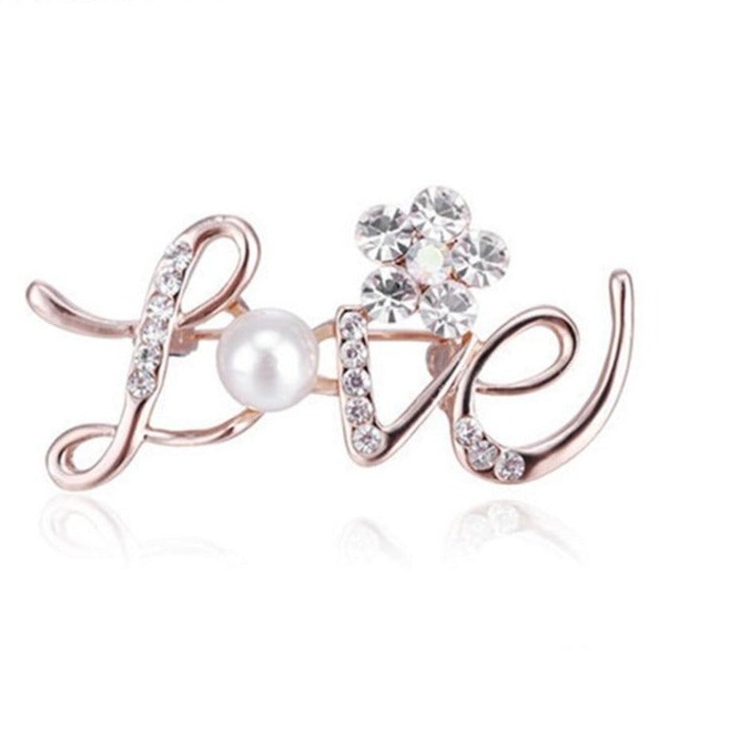Love Letters Brooch Pearl Rhinestone Flower Lapel Pins