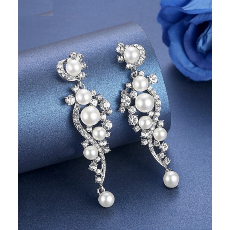 MEC-006 Crystal Pearls Long Drop Earrings Bridal Wedding Jewelry