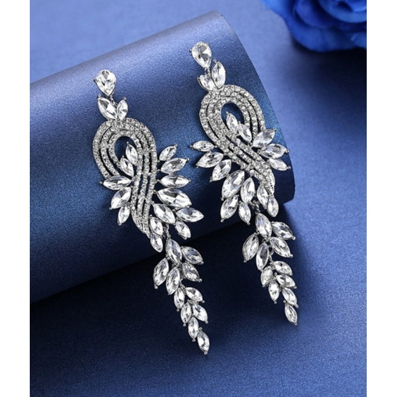 MEC-009 Crystal Pearls Long Drop Earrings Bridal Wedding Jewelry