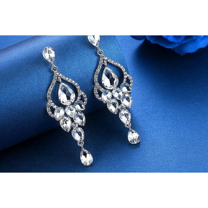 MEC-012 Crystal Pearls Long Drop Earrings Bridal Wedding Jewelry