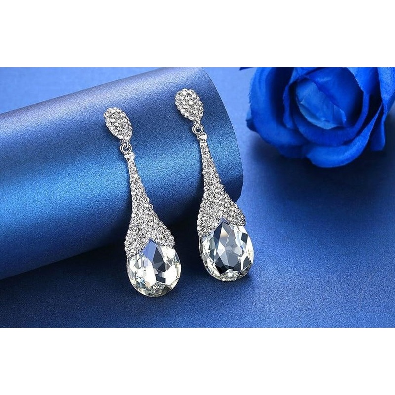 MEC-014 Crystal Pearls Long Drop Earrings Bridal Wedding Jewelry