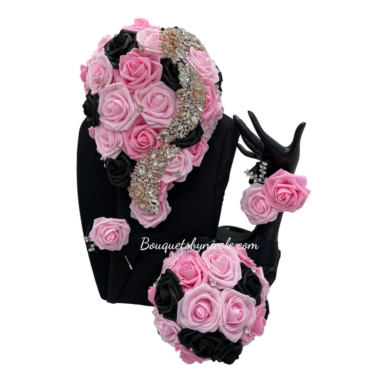 01RT – Cascade Waterfall Pink Black Real Touch Foam Roses Brooch Bouquet