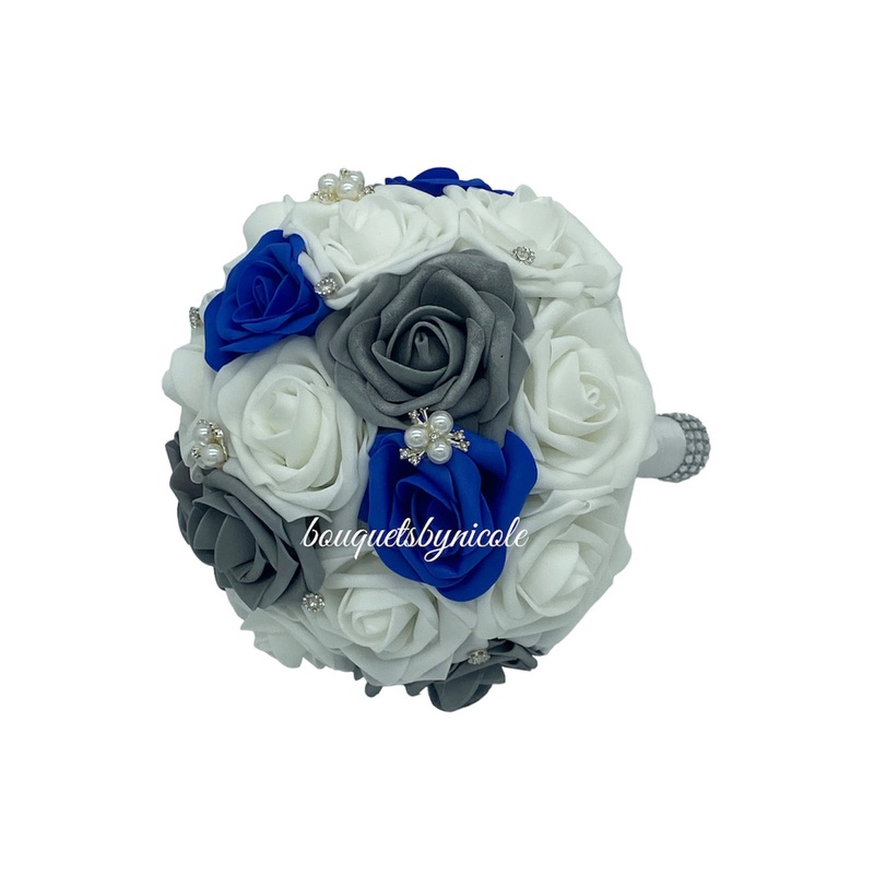 02RT – Real Touch Foam Roses Brooch Bouquet White Royal Blue