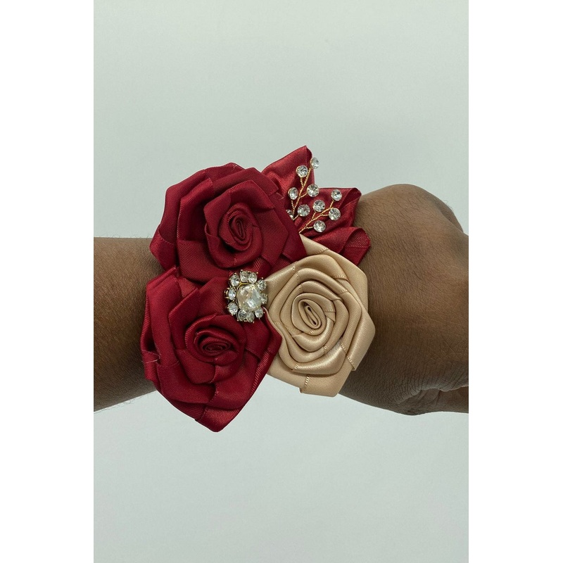 CO007 Customized Gold Burgundy Corsage l Mens Formal wear Boutonniere, Satin roses l Prom, Wedding, Flower Pin, Groom, Groomsmen Lapel