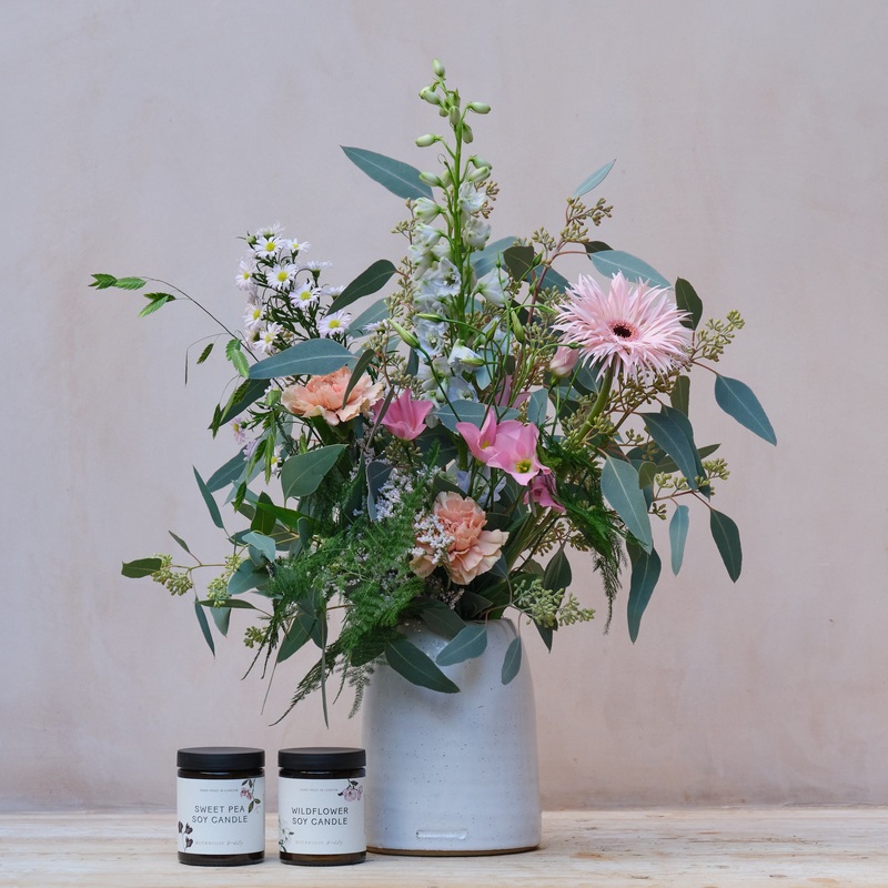 Gift Set: Wild Pastels Bouquet, Handmade Candle & Chocolates + Seed packets