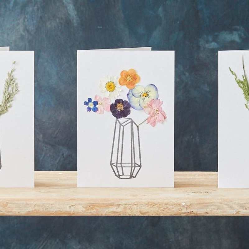 Handmade Pressed Flower Card-Geometric Vase with Flowers & Milk Bottle Vase with Flowers