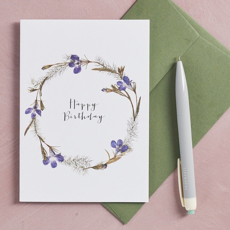 Happy Birthday Pressed Flower Wreath Card – Iris