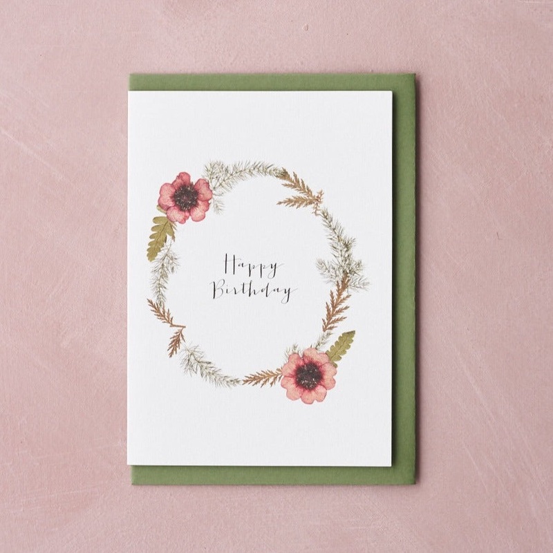 Happy Birthday Pressed Flower Wreath Card – Potentilla