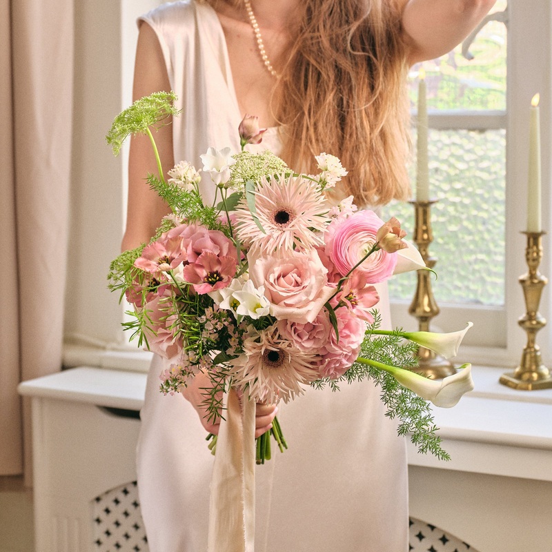Dusty Nudes Bridal Bouquet-Standard silk organza & Premium natural dyed 100% silk ribbon in Ivory & Premium natural dyed 100% silk ribbon in Blush & Premium natural dyed 100% silk ribbon in Rust & Premium natural dyed 100% bamboo vegan ribbon in Ivory