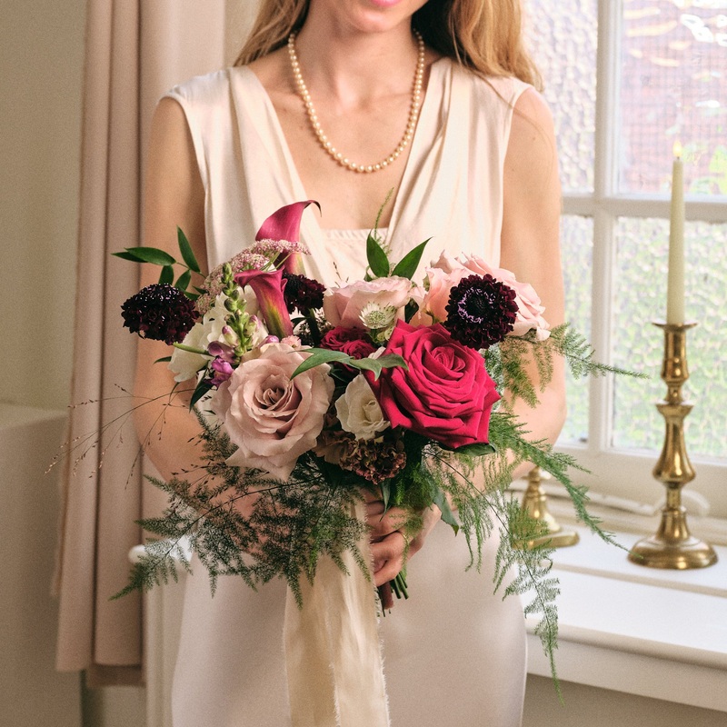 Romantic Red Bridal Bouquet-Standard silk organza & Premium natural dyed 100% silk ribbon in Ivory & Premium natural dyed 100% silk ribbon in Blush & Premium natural dyed 100% silk ribbon in Rust & Premium natural dyed 100% bamboo vegan ribbon in Ivory