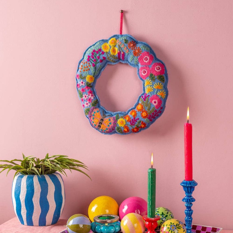 Butterfly & Wildflowers Blue Felt Wreath