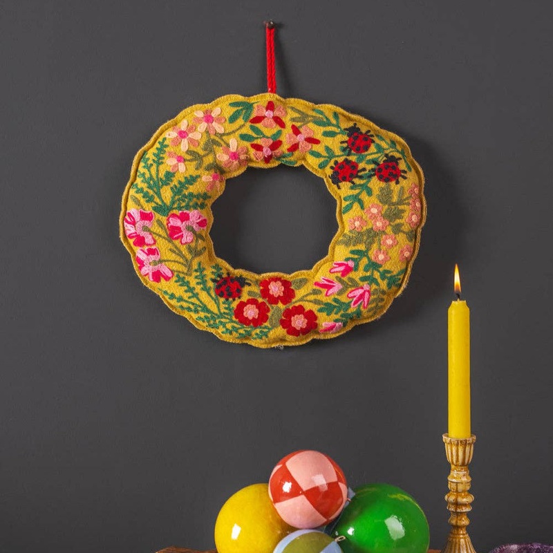 Ladybirds & Flowers Ochre Felt Wreath