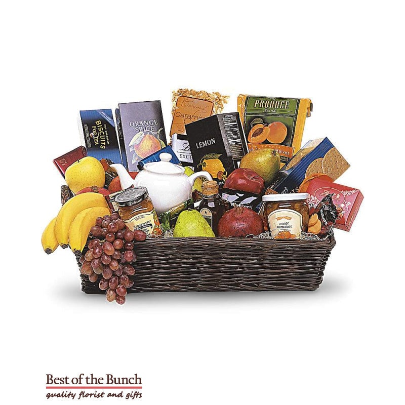 Gift Basket Grand Gourmet Food Fruit & Tea With A Tea Pot