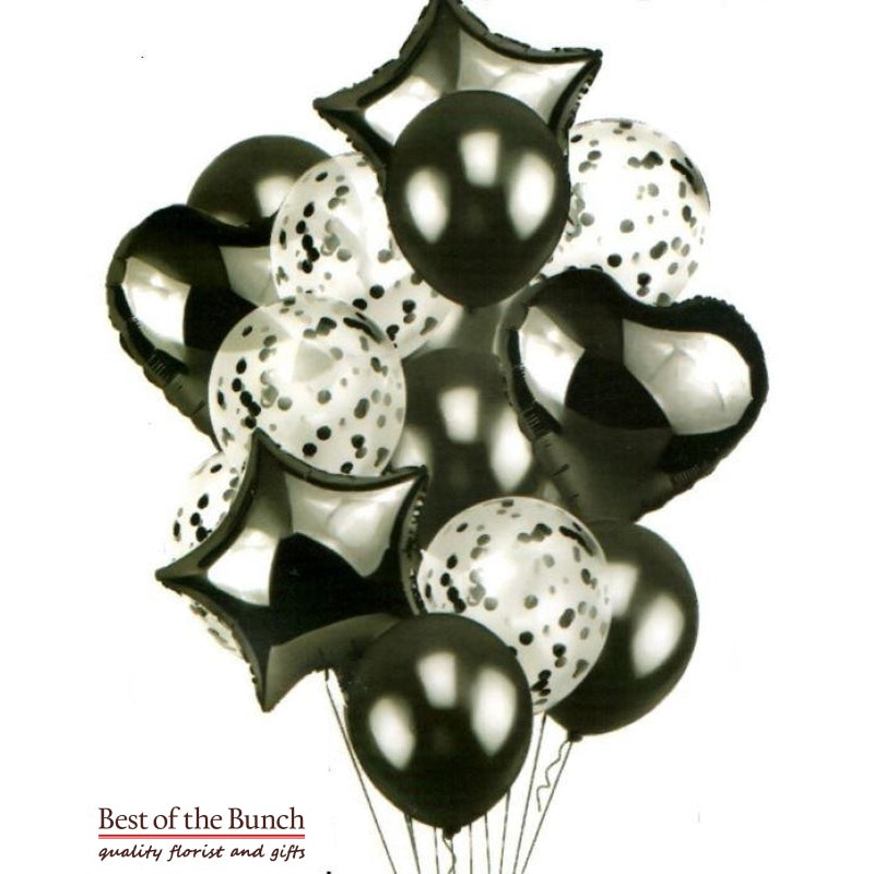 Black Helium Balloon Bouquet of Mixed Foil, Latex & Confetti Balloons