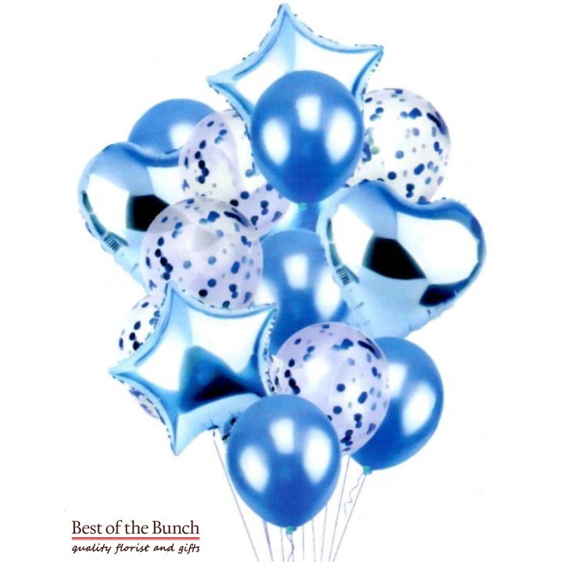Pale Blue Helium Balloon Bouquet of Mixed Foil, Latex & Confetti Balloons