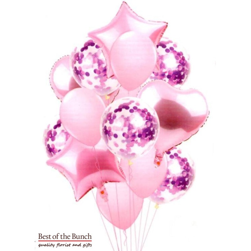 Pale Pink Helium Balloon Bouquet of Mixed Foil, Latex & Confetti Balloons