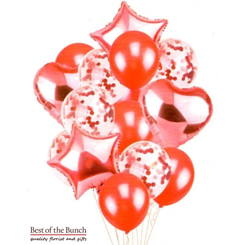 Red Helium Balloon Bouquet of Mixed Foil, Latex & Confetti Balloons