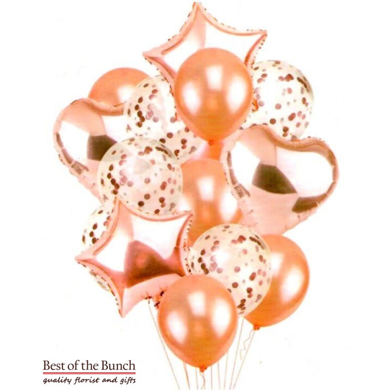 Rose Gold Helium Balloon Bouquet of Mixed Foil, Latex & Confetti Balloons