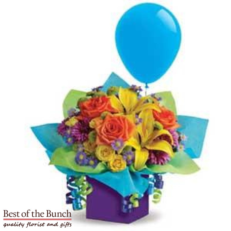 Flower Arrangement In A Box Rainbow with Balloon