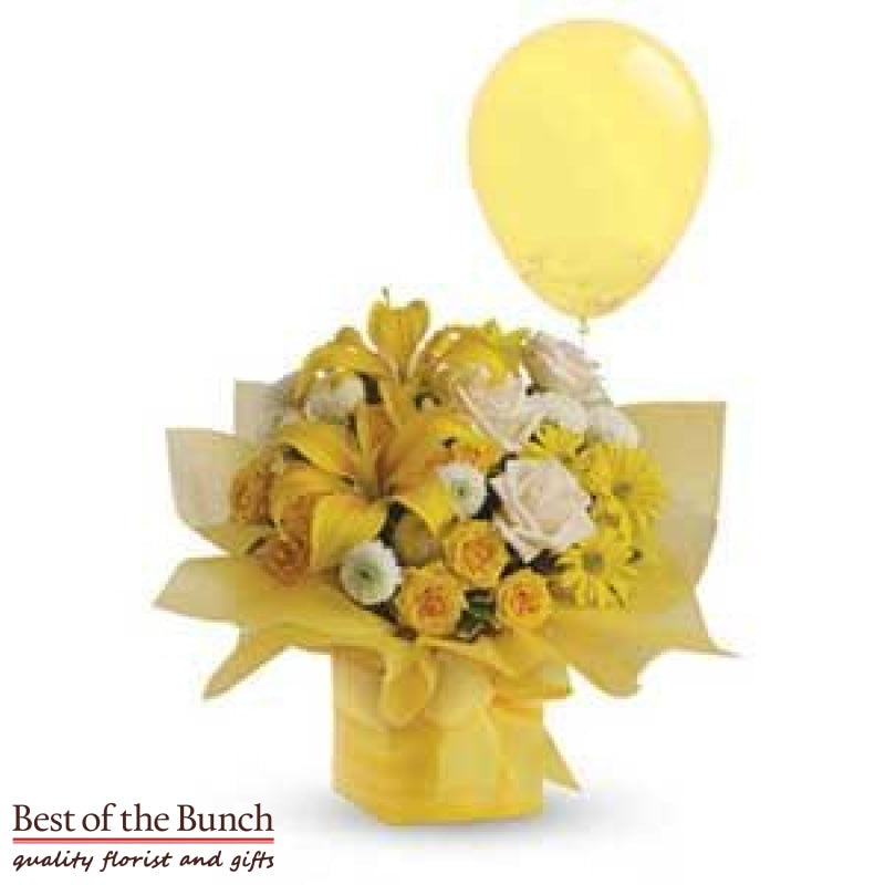 Flower Arrangement In A Box Sunshine with Balloon
