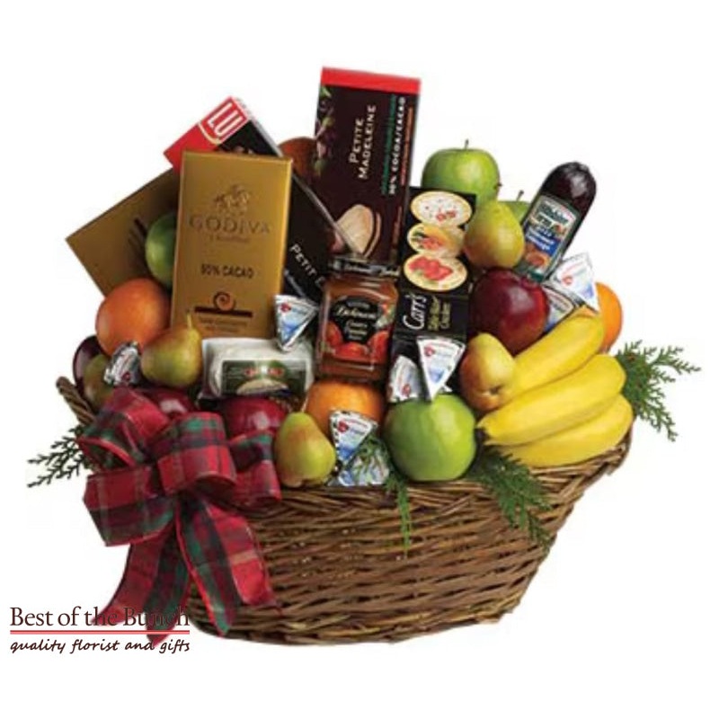 Gift Basket Gourmet Fruit Chocolate Savoury Cheese & A Whole Salami