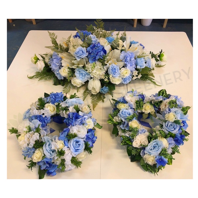 Memorial Silk Flowers – Blue & White – Oval / Round / Heart Shape – SYM0033