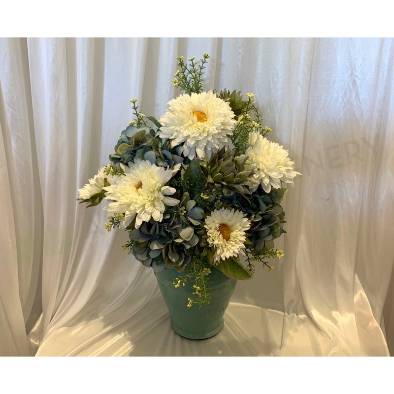 FA1097 – White Sunflowers & Blue Hydrangea Floral Arrangement (55cm Height)