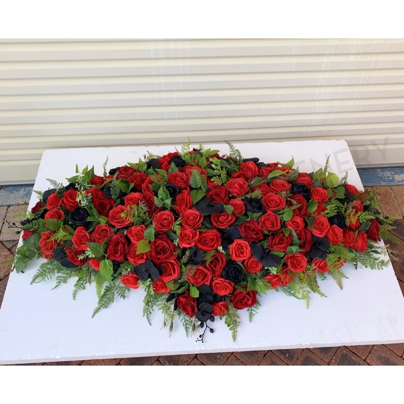 Black & Red Memorial Flowers / Casket Spray / Graveside Flowers 90cm / 140cm Long – SYM0044 (Desiree)