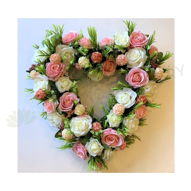 Pink & White Rose Floral Wreath (Heart Shape) 35cm / 60cm – SYM0047HEART