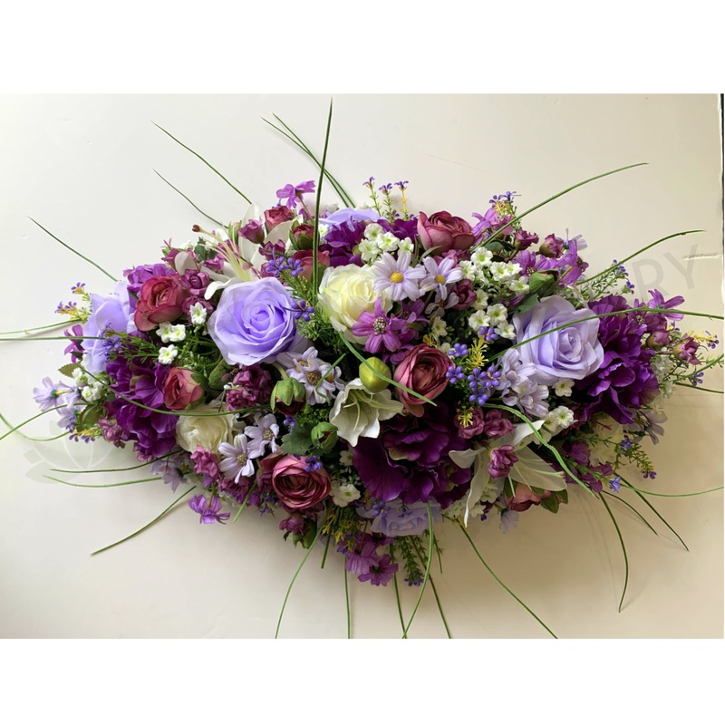 Purple & White Casket Spray / Memorial Flowers 70cm & 100cm Long – SYM0031PURPLE