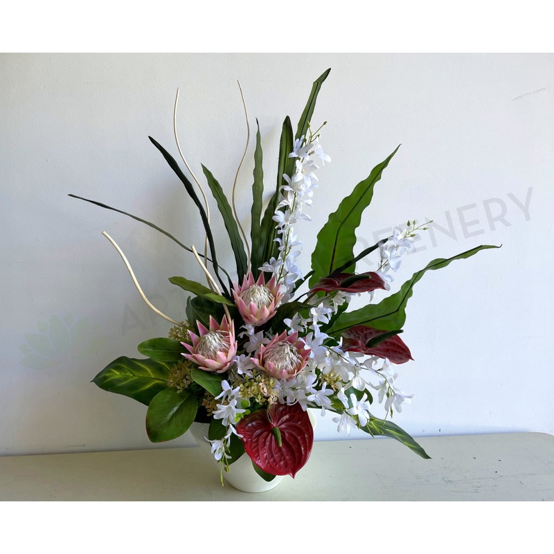 FA1072GS – Protea Sugarbushes & Anthuriums Floral Arrangement 80cm Tall