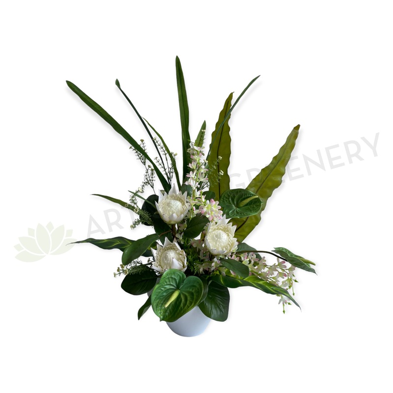 FA1072W – Protea Sugarbushes & Anthuriums Floral Arrangement 80cm Tall