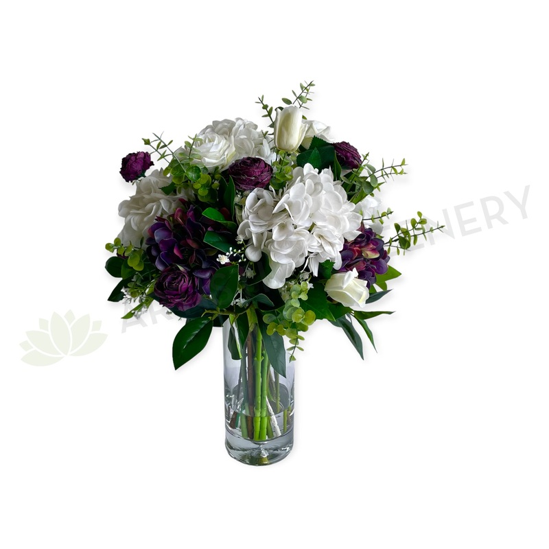 FA1127 – White & Purple Hydrangea & Roses Floral Arrangement (60cm Height) REF: Paula