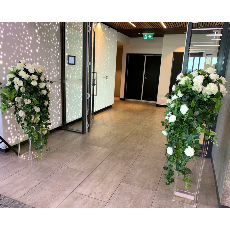 For Hire – White Flower Arrangement on 100cm Clear Stand (Code: HI0053)