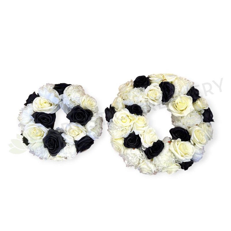 Black & White Rose Floral Wreath (No Greenery) 30cm / 40 / 50cm – SYM0035NG