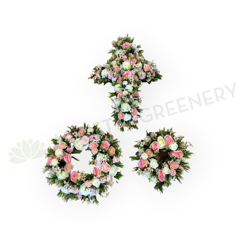 Memorial Silk Flowers – Pink & White – Cross / Round / Candle Wreath – SYM0047