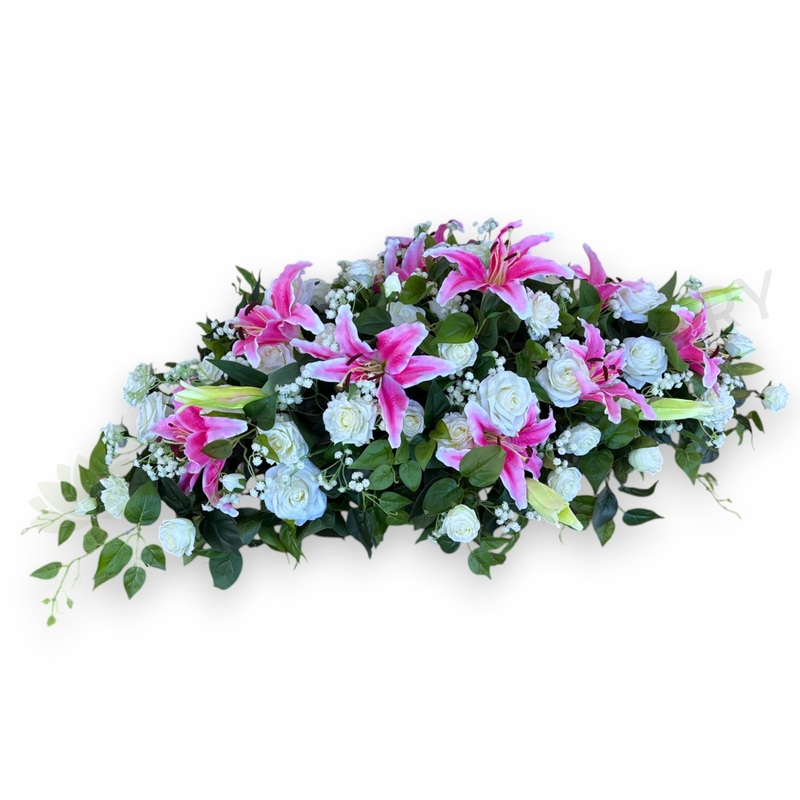 Pink Lilies & White Roses Casket Spray / Memorial Flowers 70cm & 100cm Long – SYM0067