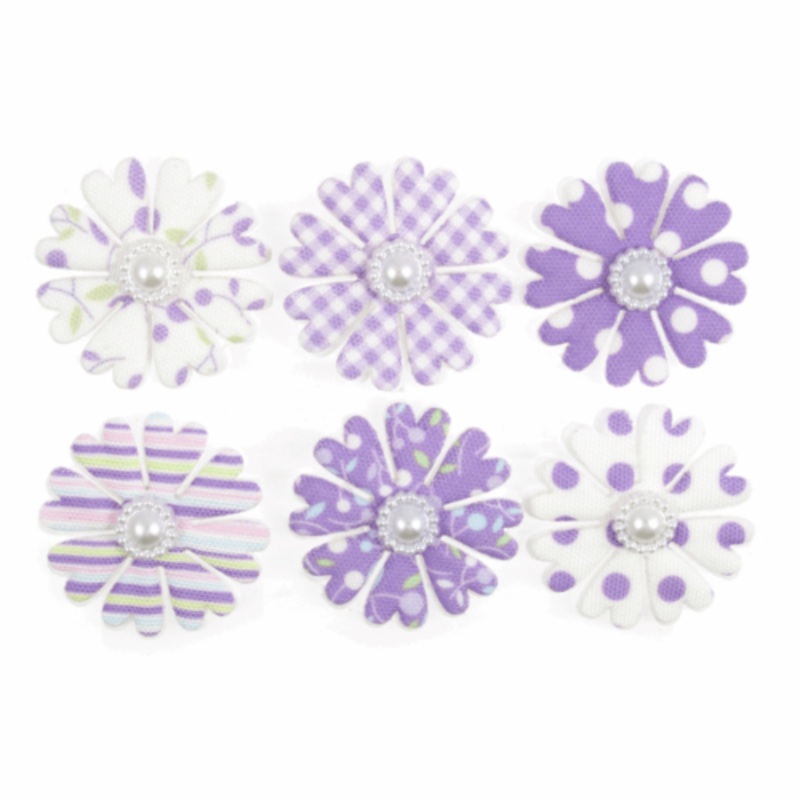 Stick on Craft Embellishment Lilac Paper Flowers with Pearls, Pack of 6