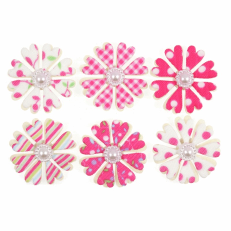 Stick on Craft Embellishment Pink Paper Flowers with Pearls, Pack of 6