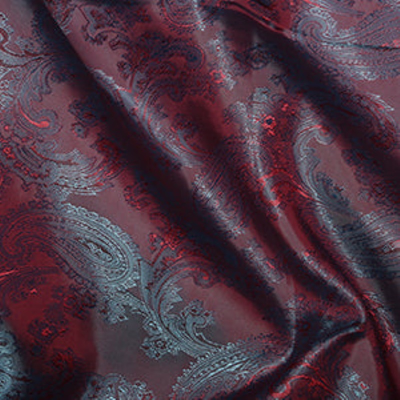 1 metre Paisley Jacquard Lining – Red on Steel Blue